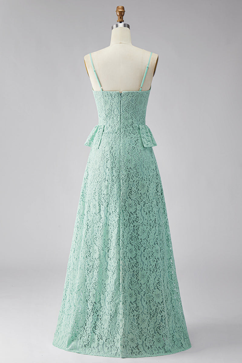 Load image into Gallery viewer, Mint Floral Lace A Line Ruffled Spaghetti Straps Maxi Wedding Guest Dress