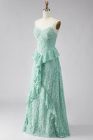 Load image into Gallery viewer, Mint Floral Lace A Line Ruffled Spaghetti Straps Maxi Wedding Guest Dress
