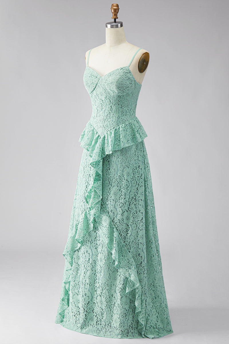Load image into Gallery viewer, Mint Floral Lace A Line Ruffled Spaghetti Straps Maxi Wedding Guest Dress
