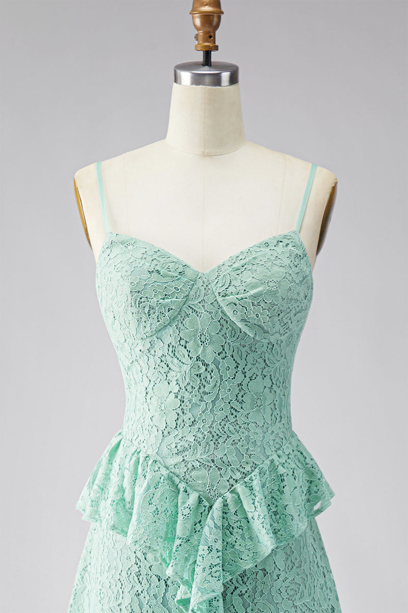 Load image into Gallery viewer, Mint Floral Lace A Line Ruffled Spaghetti Straps Maxi Wedding Guest Dress