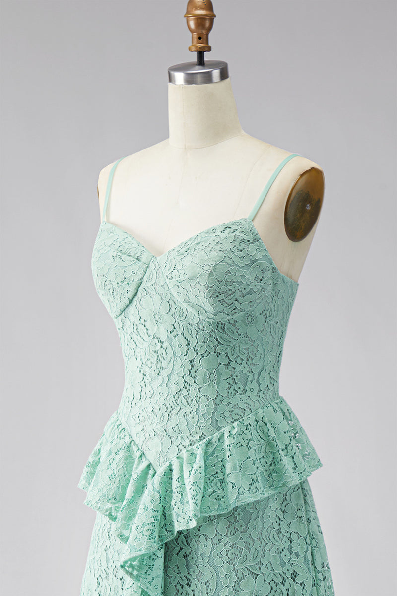 Load image into Gallery viewer, Mint Floral Lace A Line Ruffled Spaghetti Straps Maxi Wedding Guest Dress