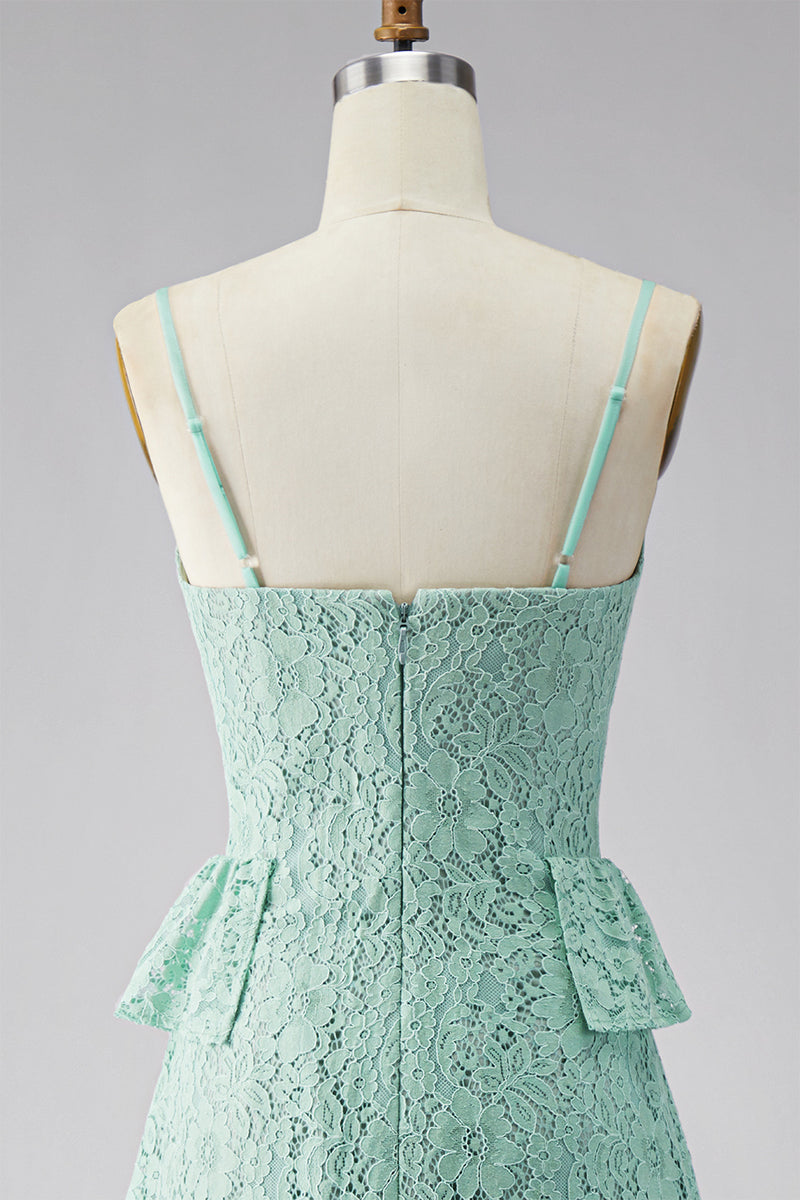 Load image into Gallery viewer, Mint Floral Lace A Line Ruffled Spaghetti Straps Maxi Wedding Guest Dress