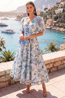 Load image into Gallery viewer, Floral Pink Puff Sleeves V-Neck A Line Maxi Wedding Guest Dress