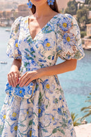 Load image into Gallery viewer, Floral Pink Puff Sleeves V-Neck A Line Maxi Wedding Guest Dress