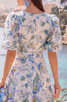 Load image into Gallery viewer, Floral Pink Puff Sleeves V-Neck A Line Maxi Wedding Guest Dress