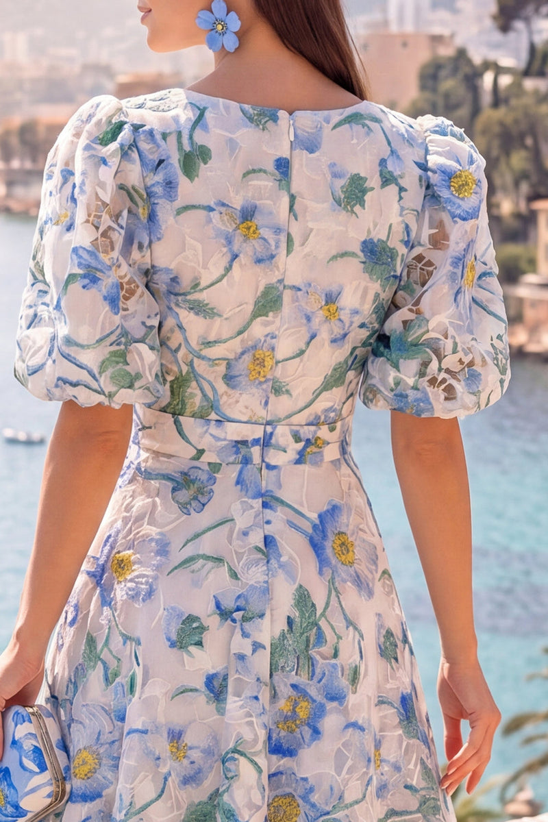 Load image into Gallery viewer, Floral Pink Puff Sleeves V-Neck A Line Maxi Wedding Guest Dress