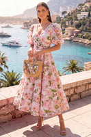 Load image into Gallery viewer, Floral Pink Puff Sleeves V-Neck A Line Maxi Wedding Guest Dress