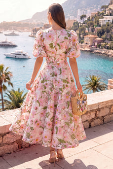 Floral Pink Puff Sleeves V-Neck A Line Maxi Wedding Guest Dress
