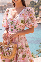 Load image into Gallery viewer, Floral Pink Puff Sleeves V-Neck A Line Maxi Wedding Guest Dress