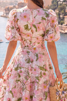 Load image into Gallery viewer, Floral Pink Puff Sleeves V-Neck A Line Maxi Wedding Guest Dress