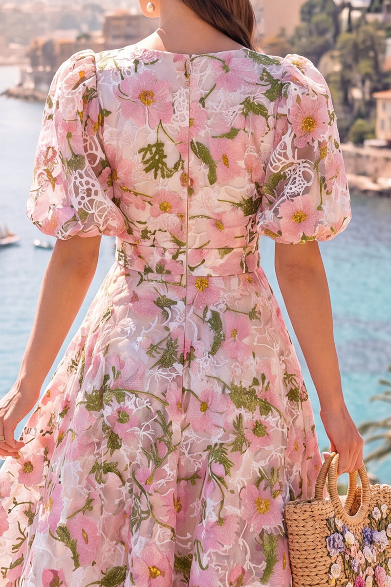 Load image into Gallery viewer, Floral Pink Puff Sleeves V-Neck A Line Maxi Wedding Guest Dress