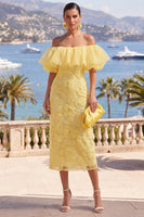 Load image into Gallery viewer, Butter Yellow Floral Ruffled Beaded Sheath Maxi Wedding Guest Dress