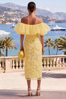 Butter Yellow Floral Ruffled Beaded Sheath Maxi Wedding Guest Dress