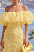 Load image into Gallery viewer, Butter Yellow Floral Ruffled Beaded Sheath Maxi Wedding Guest Dress
