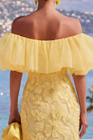 Load image into Gallery viewer, Butter Yellow Floral Ruffled Beaded Sheath Maxi Wedding Guest Dress