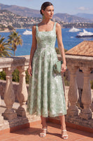 Load image into Gallery viewer, Green Floral Beaded A Line Square Neck Maxi Wedding Guest Dress