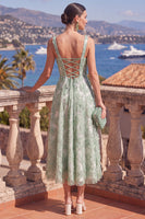 Load image into Gallery viewer, Green Floral Beaded A Line Square Neck Maxi Wedding Guest Dress