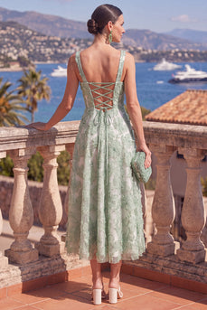 Green Floral Beaded A Line Square Neck Maxi Wedding Guest Dress