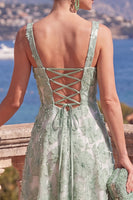 Load image into Gallery viewer, Green Floral Beaded A Line Square Neck Maxi Wedding Guest Dress