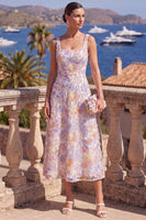 Load image into Gallery viewer, Lilac Orange Floral A Line Beaded Square Neck Maxi Wedding Guest Dress