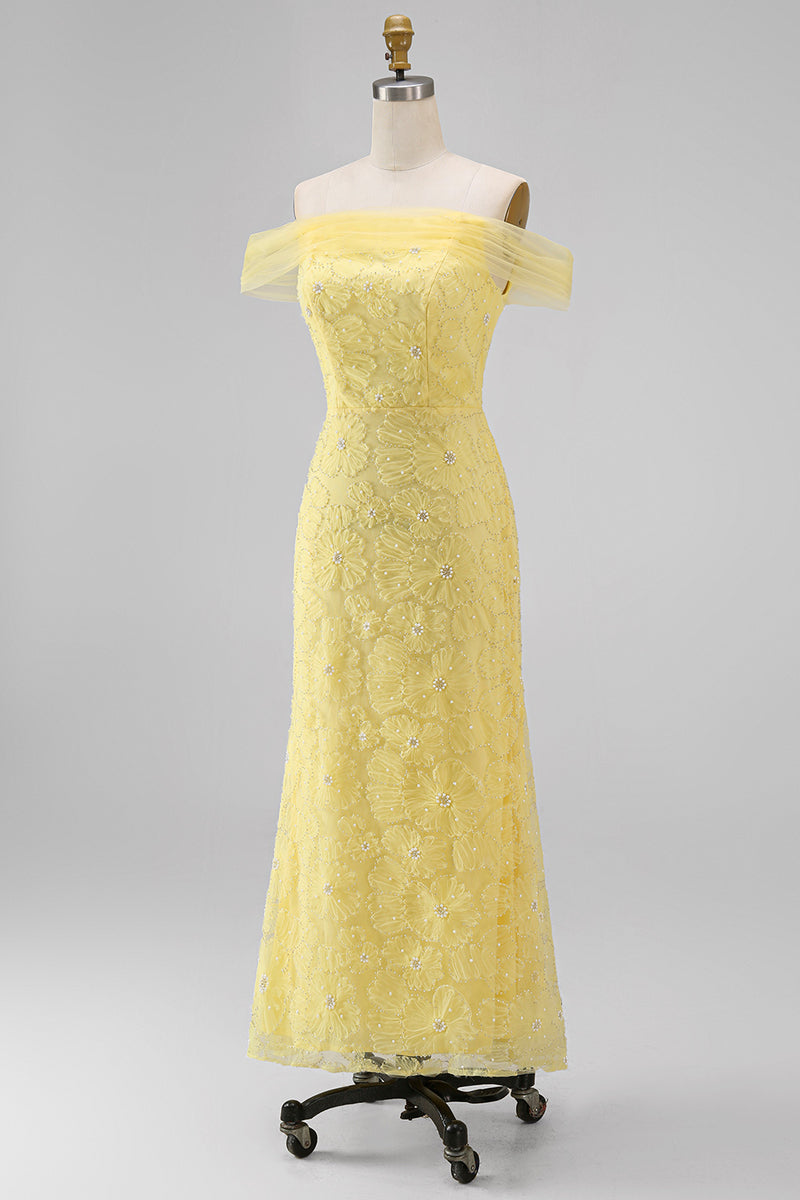 Load image into Gallery viewer, Sage Green Floral A Line Beaded Off the Shoulder Maxi Wedding Guest Dress