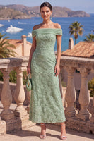 Load image into Gallery viewer, Sage Green Floral A Line Beaded Off the Shoulder Maxi Wedding Guest Dress