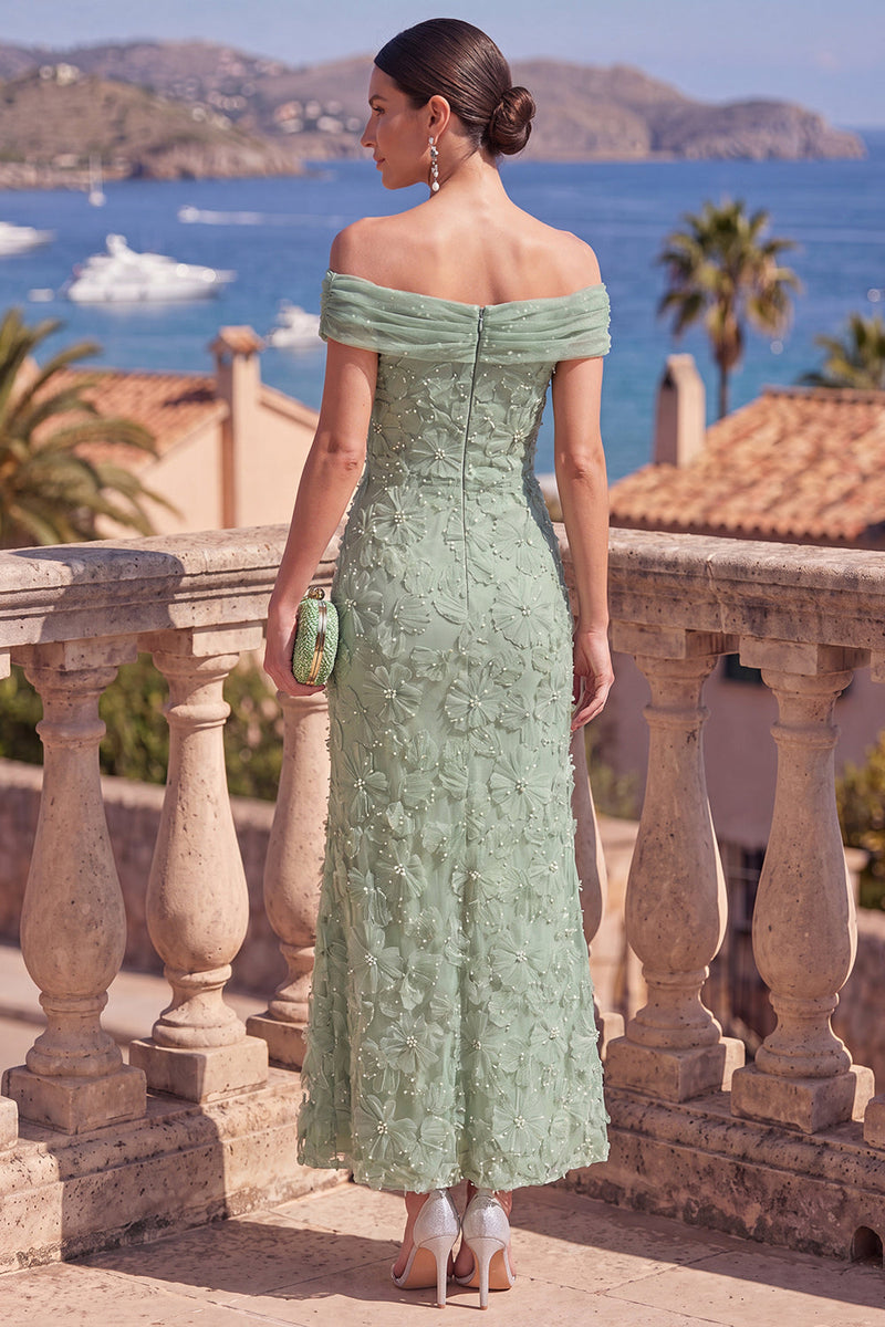 Load image into Gallery viewer, Sage Green Floral A Line Beaded Off the Shoulder Maxi Wedding Guest Dress