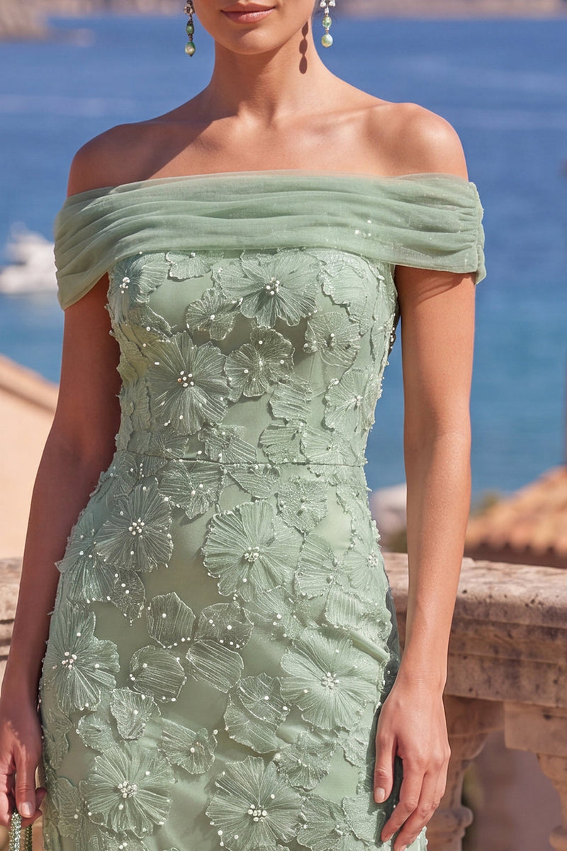 Load image into Gallery viewer, Sage Green Floral A Line Beaded Off the Shoulder Maxi Wedding Guest Dress