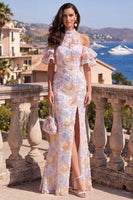 Load image into Gallery viewer, Blue Purple Floral Ruffled Mermaid Beaded Maxi Wedding Guest Dress with Slit