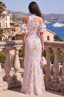 Load image into Gallery viewer, Blue Purple Floral Ruffled Mermaid Beaded Maxi Wedding Guest Dress with Slit