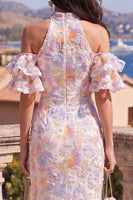 Load image into Gallery viewer, Blue Purple Floral Ruffled Mermaid Beaded Maxi Wedding Guest Dress with Slit