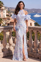 Load image into Gallery viewer, Blue Purple Floral Ruffled Mermaid Beaded Maxi Wedding Guest Dress with Slit