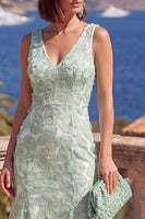 Load image into Gallery viewer, Sage Green Floral Mermaid Beaded V-Neck Maxi Wedding Guest Dress