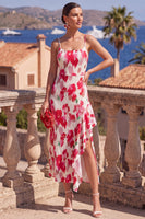 Load image into Gallery viewer, Pink Red Flower Ruffled A Line Long Wedding Guest Dress with Slit