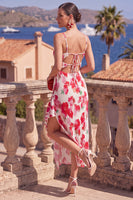 Load image into Gallery viewer, Pink Red Flower Ruffled A Line Long Wedding Guest Dress with Slit