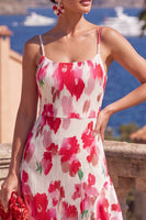 Load image into Gallery viewer, Pink Red Flower Ruffled A Line Long Wedding Guest Dress with Slit