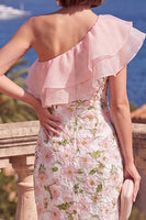 Load image into Gallery viewer, Pink Floral Sheath Ruffled Maxi Wedding Guest Dress with Slit