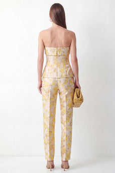 2 Piece Floral Strapless Yellow Slim Fit Business Suits
