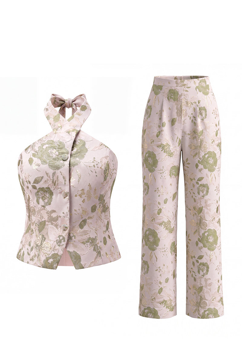 Load image into Gallery viewer, Halter 2 Piece Green Flower Single Breasted Business Suits with Pockets