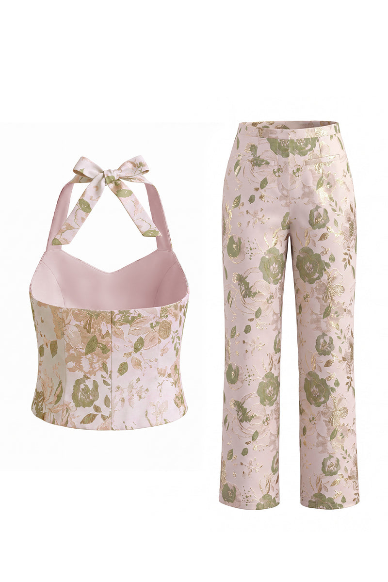 Load image into Gallery viewer, Halter 2 Piece Green Flower Single Breasted Business Suits with Pockets