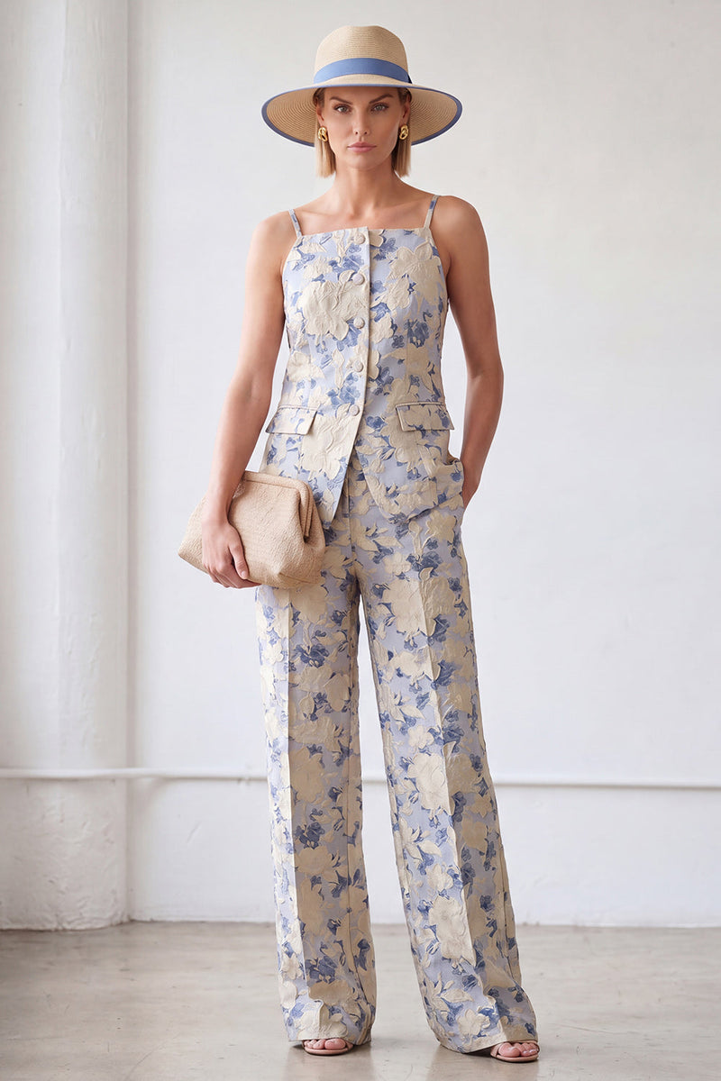 Load image into Gallery viewer, Blue Flower Spaghetti Straps 2 Piece Single Breasted Business Suits with Pockets