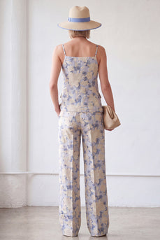 Blue Flower Spaghetti Straps 2 Piece Single Breasted Business Suits with Pockets