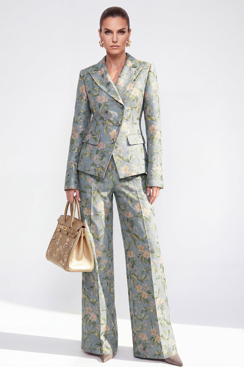 Load image into Gallery viewer, 2 Piece Floral Grey Blue Peak Lapel Single Breasted Business Suits
