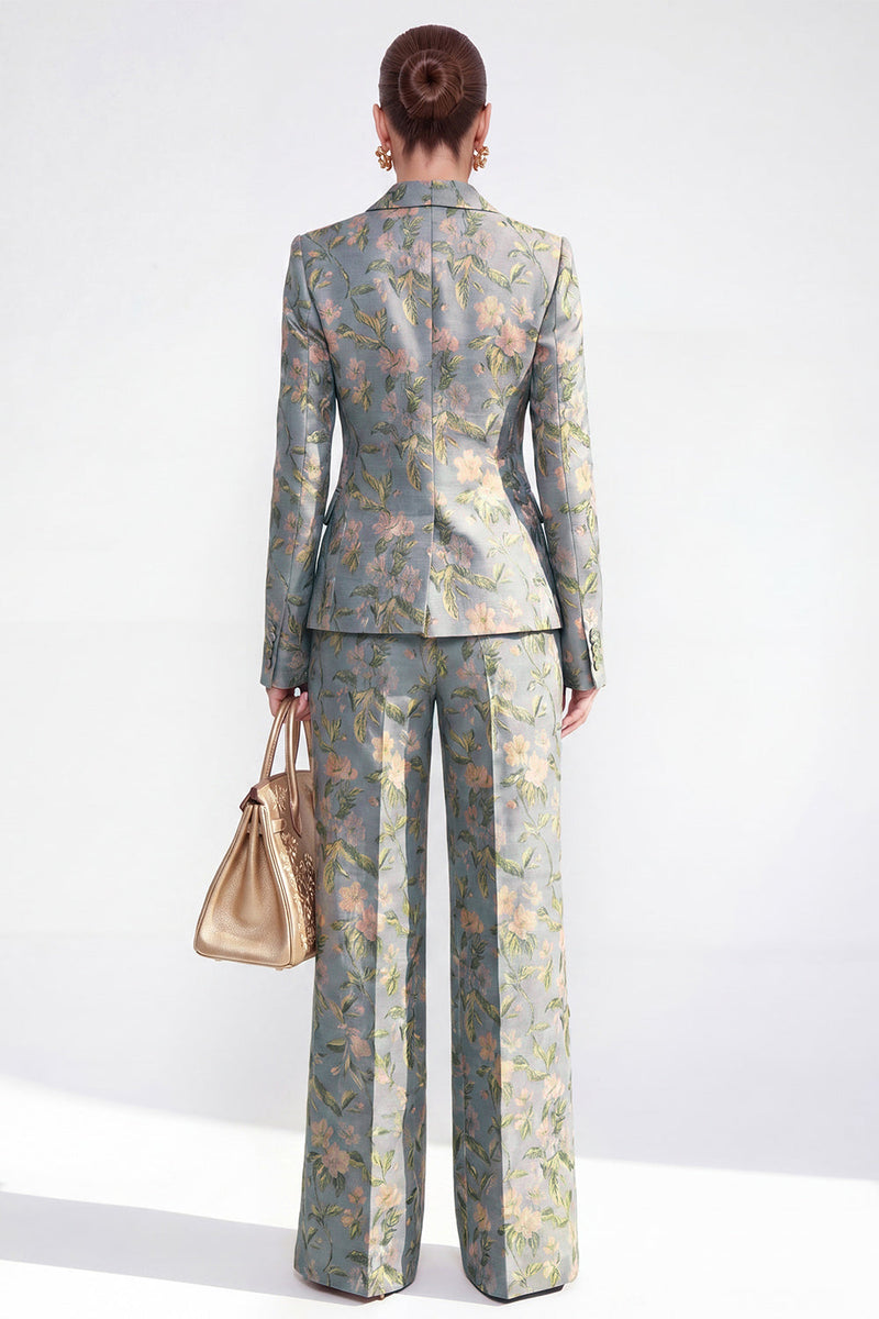 Load image into Gallery viewer, 2 Piece Floral Grey Blue Peak Lapel Single Breasted Business Suits