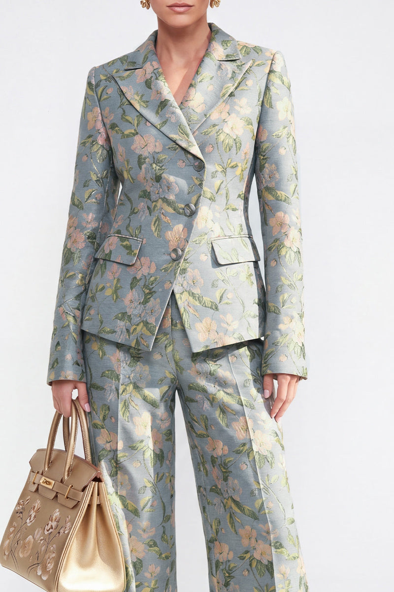 Load image into Gallery viewer, 2 Piece Floral Grey Blue Peak Lapel Single Breasted Business Suits