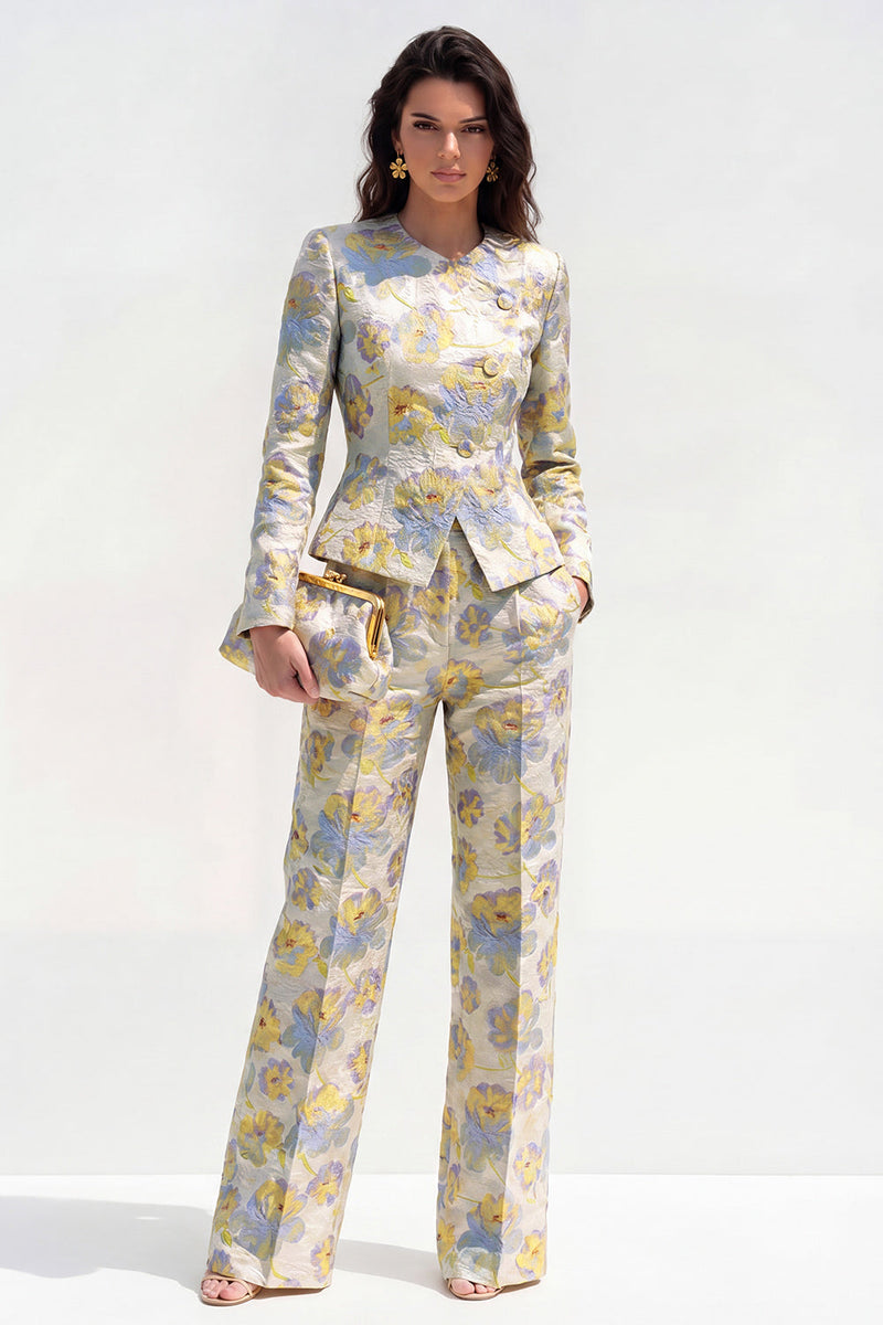 Load image into Gallery viewer, Yellow Flower 2 Piece Round Neck Single Breasted Business Suits with Pockets