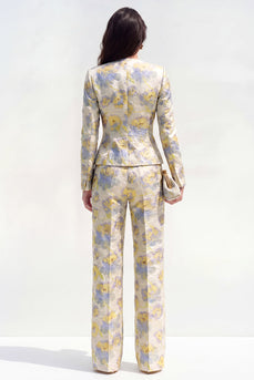 Yellow Flower 2 Piece Round Neck Single Breasted Business Suits with Pockets