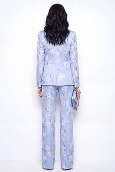 Floral 2 Piece Blue Notched Lapel Single Breasted Business Suits with Pockets