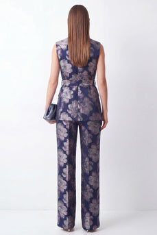2 Piece Floral Navy Shawl Lapel Business Suits with Pockets