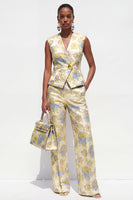 Load image into Gallery viewer, 2 Piece Yellow Flower Single Breasted V-Neck Business Suits with Pockets